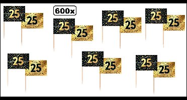 600x Luxe cocktail prikkers 25 zwart/goud - vlagprikkers - Thema feest golden celebrations tapas hapjes feest