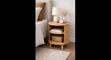 Rond Japandi Bijzettafel / Nachtkastje – Massief Houtlook – Ø37 x 51 cm