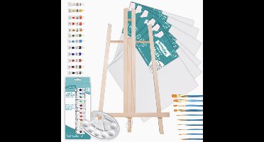 XXL Schilder Set met Houten Tafelezel 50 cm – 6 Canvasdoeken 25x25 cm – 12 Acrylverf Kleuren (12 ml) – 10 Penselen & Palet – Complete Verfset voor Beginners en Gevorderden – Cadeauset in Luxe Doos