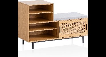 Schoenenbank – Gangbank – Zitbank – Schoenenrek – Halmeubel – Met 6 Vakken Voor 12 Paar Schoenen – Modern Eiken Decor Met Weens Vlechtwerk