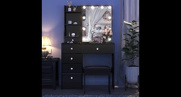 Make-uptafel met LED-verlichting 80 x 36 x 131 cm met schuifspiegel, 6 laden en 6 planken + kruk – Zwarte elegante kaptafel voor slaapkamer en kinderkamer – Pauwhome