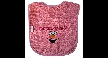 Roze (indian red) slab met "Toetjesmonster" - roze, monstertje, toetjes, toetje, dessert, kraamcadeautje, cadeautje