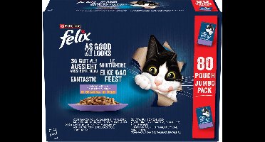 Felix Elke Dag Feest mixed Selectie - Kattenvoer Natvoer - Kabeljouw, Zalm, Rund & Kip - 80 x 85 g