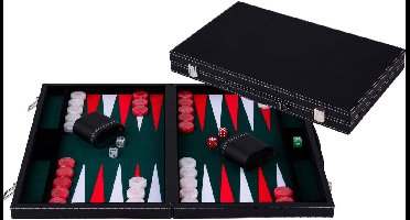 Backgammon 18 inch – Ingelegd speelveld – Luxe zwarte kunstlederen koffer – Groen/Rood/Wit