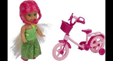 Eddy Toys Modepop Mini met Fiets - Modepop met Roze Fiets en Helm - Speelset met Zijwieltjes en Mandje - Mini Pop met Accessoires - Groen en Roze