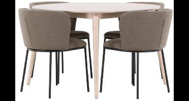 Flora eethoek tafel Ø120cm en 4 stoelen whitewash, bruin.