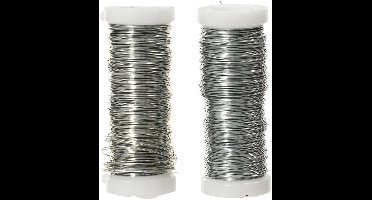Decoris Binddraad/wikkeldraad - 2x rolletjes - zilver - 30 m x 0,3 mm - hobbydraad/bloemendraad