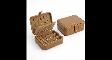 Oneay Reissieradendoos voor vrouwen en meisjes, compacte sieradenorganizer, draagbaar opbergdoosje met oorbelhouder, kettinghaakjes en ringvakjes, PU-leer sieradenopbergdoos voor onderweg – Bruin