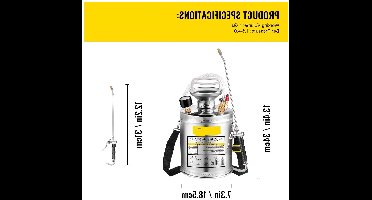 RVS Tuinsproeier - Rugspuit - Onkruidsproeier - Sproeier - Drukspuit - 4L - Handpomp - Verstelbare Messing Nozzle - voor Tuin - Reiniging - Desinfectie