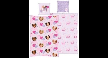 barbie dubbelzijdig dekbedovertrek - 1 persoons - 140x200cm - met kussensloop - barbie - paars - roze - 100% katoen