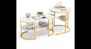 Salontafel – Koffietafel – Bijzettafel – Woonkamertafel – Tafel – Set van 2 – Ronde en Ovalen Vorm – Met Metaal Frame en Opbergruimte – Afmetingen 80x46x41 cm & 52x52x51 cm