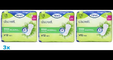 TENA Discreet Normal Incontinentie Pads – 3 x 12 Stuks – Tot 12 uur bescherming – Voordeelverpakking