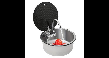 Keukenspoelbak Caravan – Enkelspoelbak – Ronde Spoelbak – Handwasbak – Camper Wasbak – RVS – Inklapbare Kraan – Compact 34x15 cm