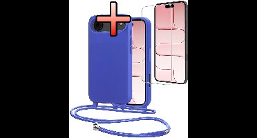 Hoes Geschikt voor iPhone Air Met Telefoonkoord Met Screenprotector - Siliconen Hoesje Backcover Met Ketting - Felblauw