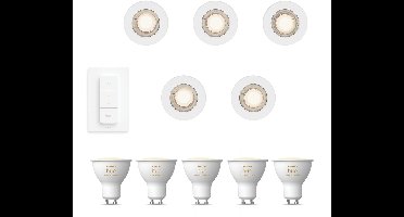Philips Hue Peridot Set van 5 Inbouwspots (Wit) - Rond - Niet Richtbaar - GU10 - Warm tot Koelwit Licht - Incl. Hue Dimmer Switch - Hue White Ambiance