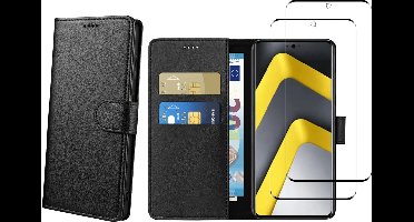 Hoesje Portemonnee geschikt voor Xiaomi Poco M8 Pro 5G Zwarte portemonnee met magnetische klep en kaartopslag en 2 stuks Screenprotector Gehard Glas