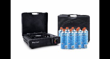 Pro Line Camping Kooktoestel – 1-Pits Gasfornuis in Koffer – inclusief 8 Gaspatronen – Metaal – Zwart