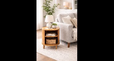 Rond Japandi Bijzettafel / Nachtkastje – Massief Houtlook – Ø37 x 51 cm