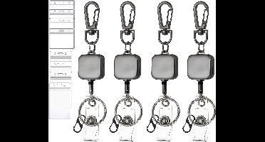 4 Stuks Uittrekbare Sleutelhangers met Transparant Badgehouders - Karabijnsluiting Clip Trekkoord - Intrekbare Koord Pashouder - Broekclip Karabijnhaak Sleutelkoord - Afrolmechanisme voor Badges/Sleutels - ID Jojo Pasjeshouder Keycord\Keykoord - 40cm