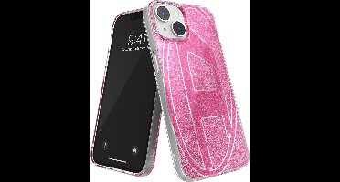 Diesel Glitter Telefoonhoesje iPhone 13 & iPhone 14 – Transparant Roze – Glitters – Valbescherming tot 2 Meter – Draadloos Opladen – Shockproof – Backcover – Origineel Diesel Accessoire met D-Logo