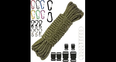 30 meters Paracord Compleet Pakket - Militair Groen- Parachute Koord/Touw 4mm Parakoord 550 met Karabijnhaken, Naalden set, Bedels, Klikgespen - Knutselen Set voor Volwassen, Kinderen, Meisjes - Armbandjes, Lanyard, Sleutelhanger, Maken Knutselpakket
