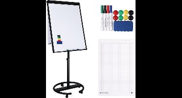 BRASQ Flipover Verrijdbaar Deluxe -70x100 cm - Verstelbaar Whiteboard - Inclusief 25 vellen papier en accessoires - met Uitschuifbare Armen - Magnetisch bord met Haken - Magneetbord - Zwart