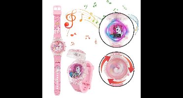 Digitale Unicorn Kinderhorloge - Verstelbare Digitale Horloge met Muziek, Feestlichtjes en Draaiende Klep - Perfecte cado voor Kids en Unicorn Fans - Horloge Kast: 3.5cm, Horloge Band: 22cm - Kleur: Roze