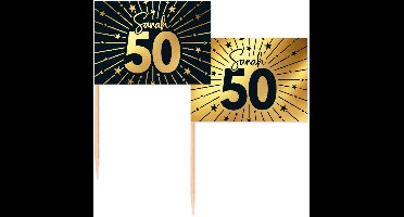 50 Vlagprikkers goud / zwart 50 jaar ' Sarah ' - Golden Celebrations - Hapjes Cocktailprikkers Tapas Prikkers Feestje