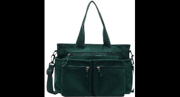 S&E Grote Corduroy Tote Bag met Meerdere Vakken – Casual & Praktisch voor Dagelijks Gebruik - Groen