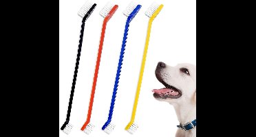 Crrynuo - 4 Stuks Dubbele Tandenborstel - Mondreiniging Huisdieren - Hondentandenborstel - Zwart-Rood-Blauw-Geel - Zacht Materiaal - Ergonomische Handgreep - 22cm