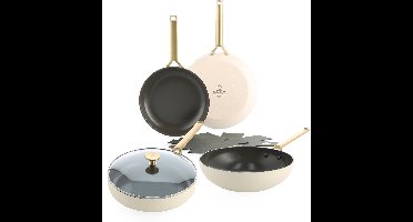 BK Sublime Pannenset 6-delig - 24/28cm - 3.7/4.2L - Panbeschermers - PFAS-vrije antikleeflaag - Pannenset inductie - Keramische pan - Ovenbestendig tot 220°C - Panbeschermers - Hapjespan 28cm met deksel - Crèmewit