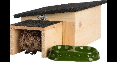 Esschert Design Egelhuis + Voeder- en drinkschaal – 2-delige Set voor egels – Houten schuilplek + voerbakje – weerbestendig