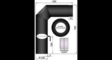 Kachelpijp Ø150 - Knieset 2 x 45° - 700 x 500mm - deur - smoorklep - nisbus - rozet