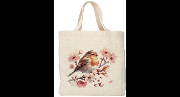Shopper - Totebag - Boodschappentas | Roodborstje - Kersen bloesem | Duurzaam - Linnenlook - 48x38cm