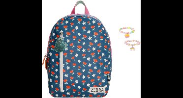 Zebra Rugzak Flowers Blue - schooltas meisje - rugtas bloemen - kinderrugtas, rugtas, kinderrugzak + armbandje