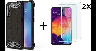 Ntech Hoesje Geschikt Voor Samsung Galaxy A50 Armor Hoesje Zwart + 2 stuks Tempered glass