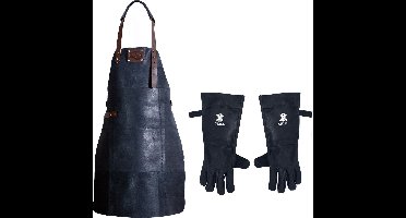 Leren Schort + Leren Handschoenen - Lederen Schort – ZWART - Kokschort - BBQ Schort - Kookschort - Vaderdag - Kerst Cadeau voor Man Vader Opa Papa – 81 cm x 56 cm Inclusief Handschoenen voor de Barbecue