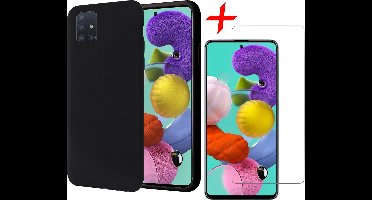 Hoesje geschikt voor Samsung Galaxy A51 - Liquid Siliconen Case Zwart + Screenprotector