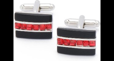 Manchetknopen - Rechthoek Zwart met Rode Stenen