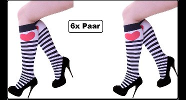 6x Paar Sokken zwart/wit gestreept met hartje - carnaval valentijn liefde optocht sok kousen thema feest