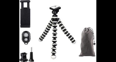 MOJOGEAR Flexibel mini-statief met extra flexibele poten KIT: met telefoonhouder, bluetooth remote, GoPro-adapter & opbergzakje - Tot 16 cm hoog - Zwart/Wit