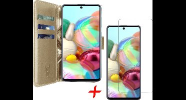 Hoesje geschikt voor Samsung Galaxy A71 - Screen Protector GlassGuard - Book Case Kunstleer Pasjeshouder Goud & Screenprotector