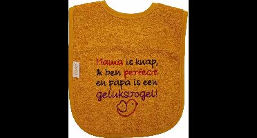 Oker slab met "Mama is knap, ik ben perfect en papa is een geluksvogel" - vaderdag, moederdag, liefde, grappig, grapje, kraamcadeautje, cadeau