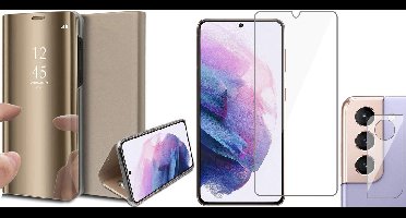 Hoesje geschikt voor Samsung Galaxy S21 FE - Book Case Spiegel Wallet Cover Hoes Goud - Tempered Glass Screenprotector - Camera Lens Protector