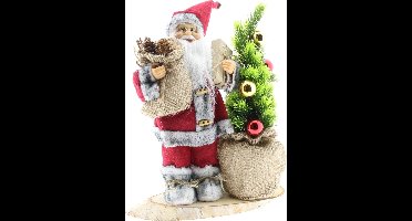 Luxe Afgewerkte Kerst Decoratie Kerstman Staand Naast Kerstboom - Grijs-Rood - 30cm