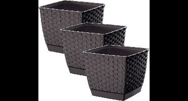 Prosperplast Plantenpot/bloempot - Set van 3x stuks - rotan kunststof - 22 x 19 cm cm - bruin