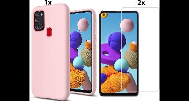 Hoesje Geschikt Voor Samsung Galaxy A21s Hoesje Soft Nano Silicone Backcover Gel Roze Met 2x Glazen Screenprotector