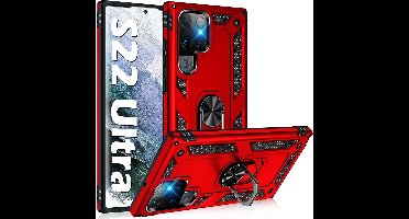 Hoesje Geschikt Voor Samsung Galaxy S22 Ultra Hoesje Anti-Shock Hybrid Armor Rood - Hoesje Geschikt Voor Samsung Galaxy S22 Ultra hoesje met Kickstand Ring Houder - Kunststof - Back Cover