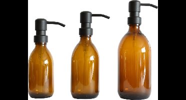 Groeikruid® Zeeppompjes Set voor Keuken, Badkamer en Toilet | Zeepdispensers 200 ml + 300 ml + 500 ml | Vrijstaand en Hervulbaar | Amber Glas met RVS pompkop | Mat Zwart