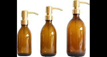 Groeikruid® Zeeppompjes Set voor Keuken, Badkamer en Toilet | Zeepdispensers 200 ml + 300 ml + 500 ml | Vrijstaand en Hervulbaar | Amber Glas met RVS pompkop | Goud